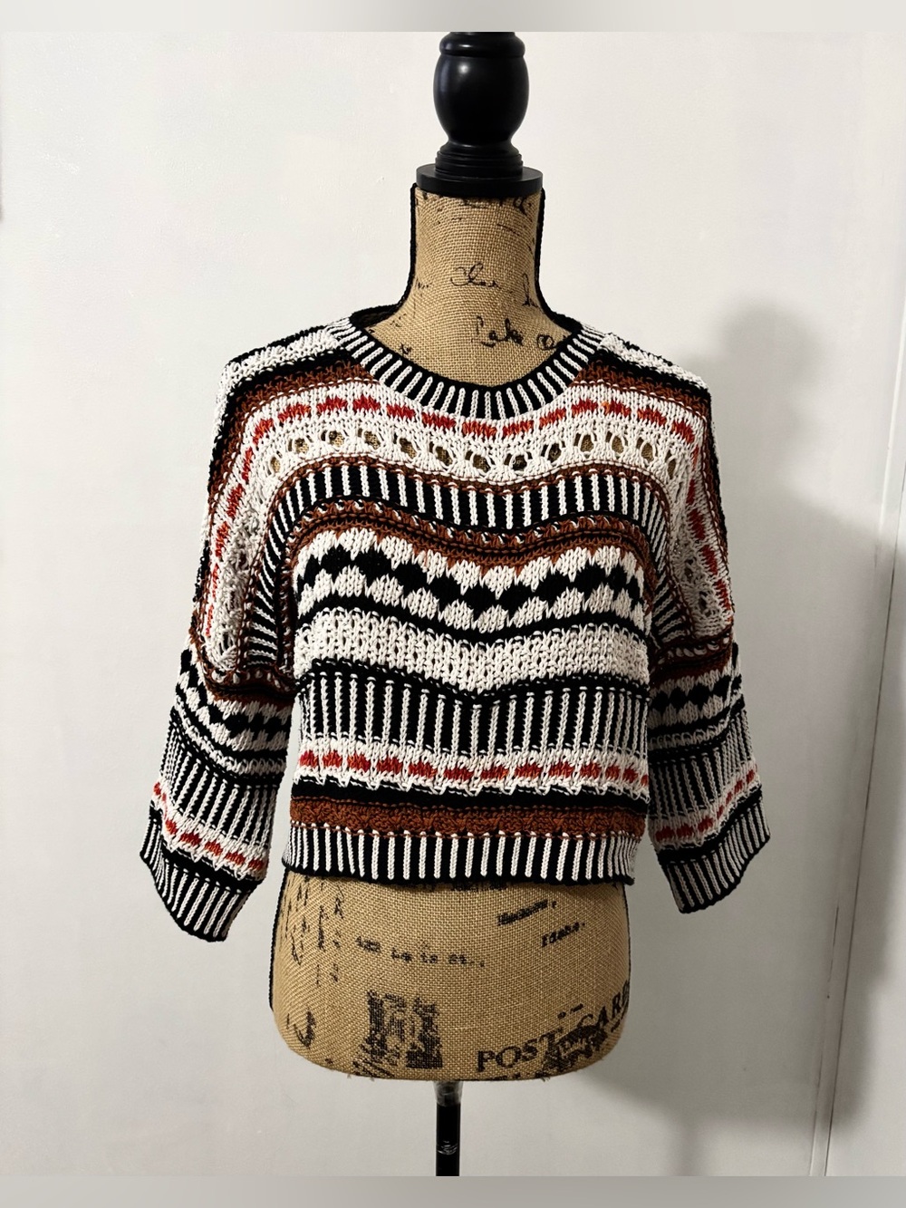STRADIVARIUS Boho Mixed Stitch 3/4 Sleeves Crop Sweater Size M